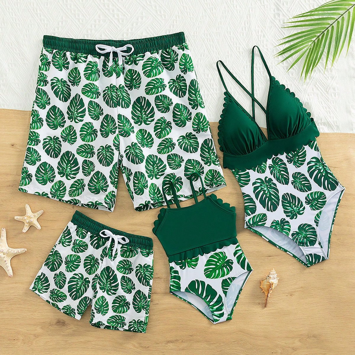 Matching Family Bathing Suits Green Palm Leaves Floral One Piece Cross Back Scalloped Top Swimwear - ChildAngle