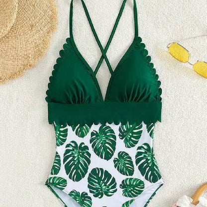 Matching Family Bathing Suits Green Palm Leaves Floral One Piece Cross Back Scalloped Top Swimwear - ChildAngle