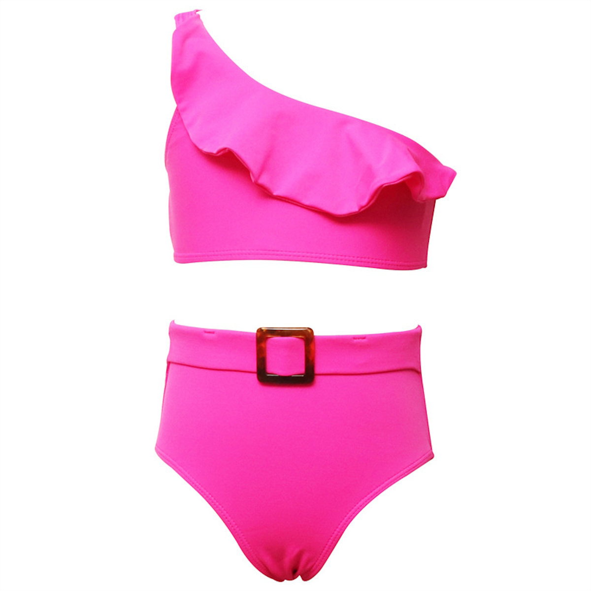 Pink one-shoulder bikini top and high-waisted bottom set  - ChildAngle