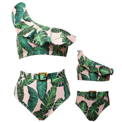Tropical leaf patterned One Shoulder bikini set - ChildAngle