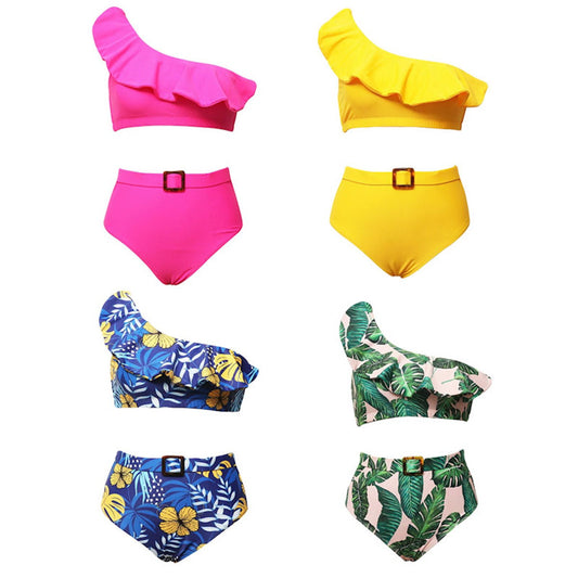 Mommy and Me Family Matching One Shoulder Solid Color Floral Bikini Set Swimwear - ChildAngle