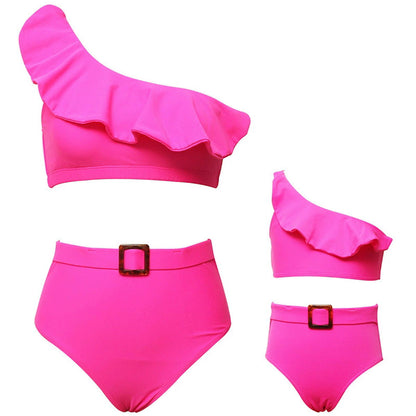 Pink bikini set with ruffled top and high-waisted bottoms - ChildAngle