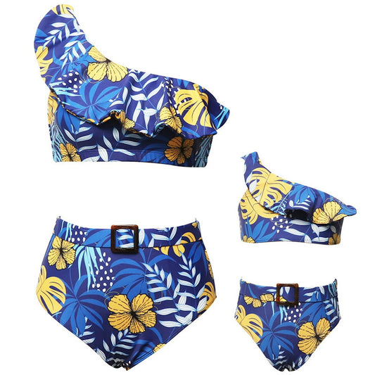Mommy and Me Family Matching One Shoulder Blue Floral Bikini Set Swimwear - ChildAngle