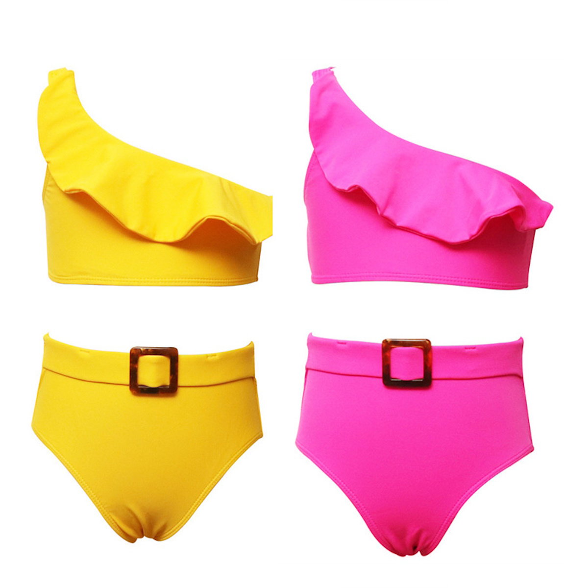 Yellow and pink swimsuits with ruffled tops and belt details - ChildAngle