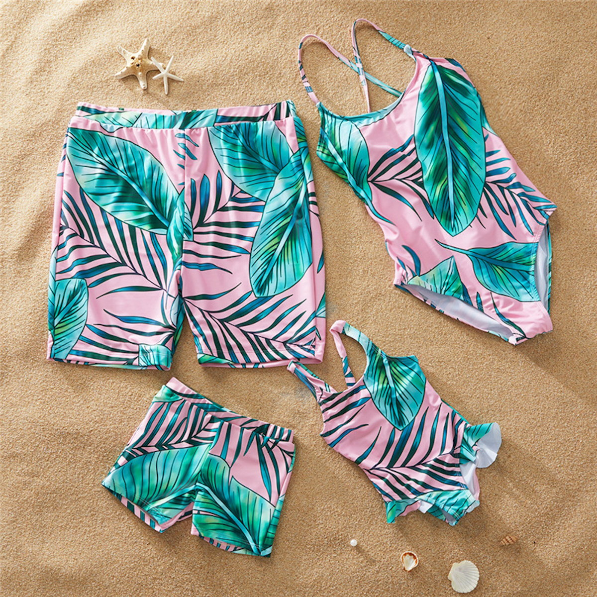 Matching Family Swimsuit Pink Green Palm Tree One Piece Swimsuit - ChildAngle