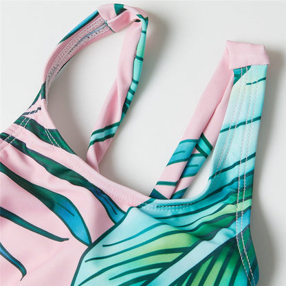 Matching Family Swimsuit Pink Green Palm Tree One Piece Swimsuit - ChildAngle