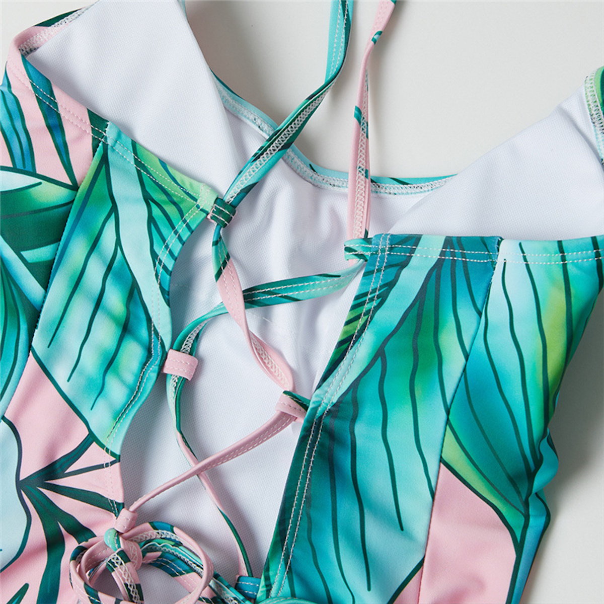 Matching Family Swimsuit Pink Green Palm Tree One Piece Swimsuit - ChildAngle