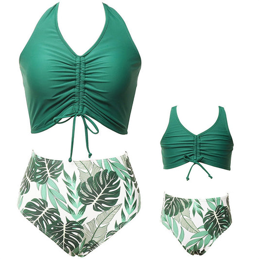 Family Swimwear Swimsuit Green Leaves Printing Front Shirred Bikini Set - ChildAngle