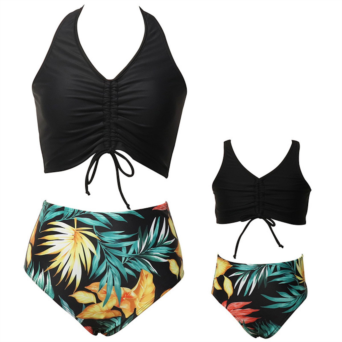 Family Swimwear Swimsuit Green Leaves Printing Front Shirred Bikini Set - ChildAngle