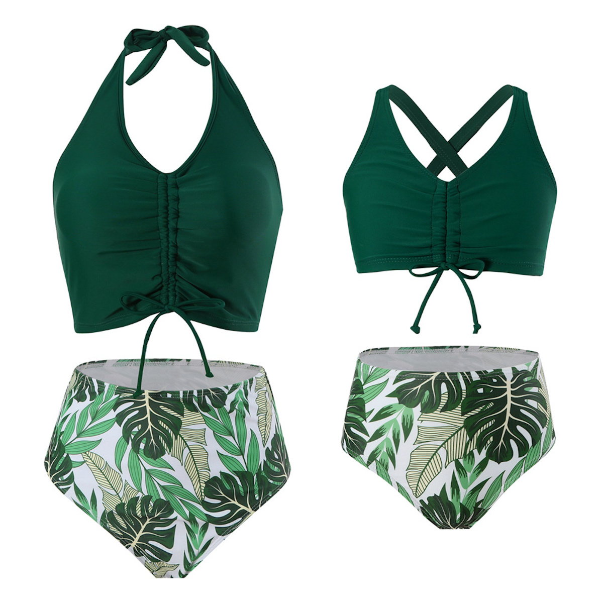 Family Swimwear Swimsuit Green Leaves Printing Front Shirred Bikini Set - ChildAngle