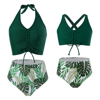 Family Swimwear Swimsuit Green Leaves Printing Front Shirred Bikini Set - ChildAngle