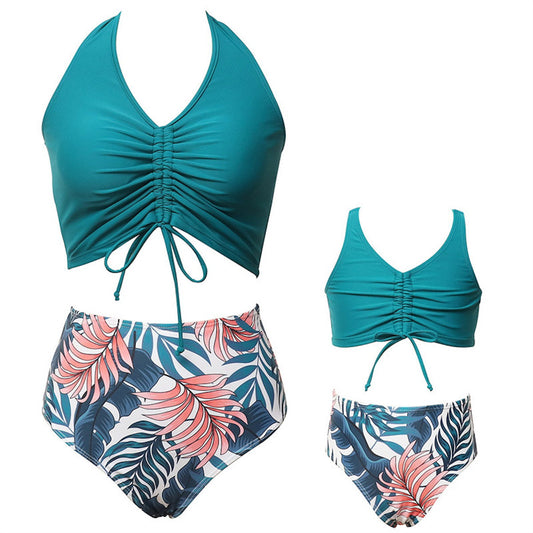 Family Swimwear Swimsuit Green Leaves Printing Front Shirred Bikini Set - ChildAngle