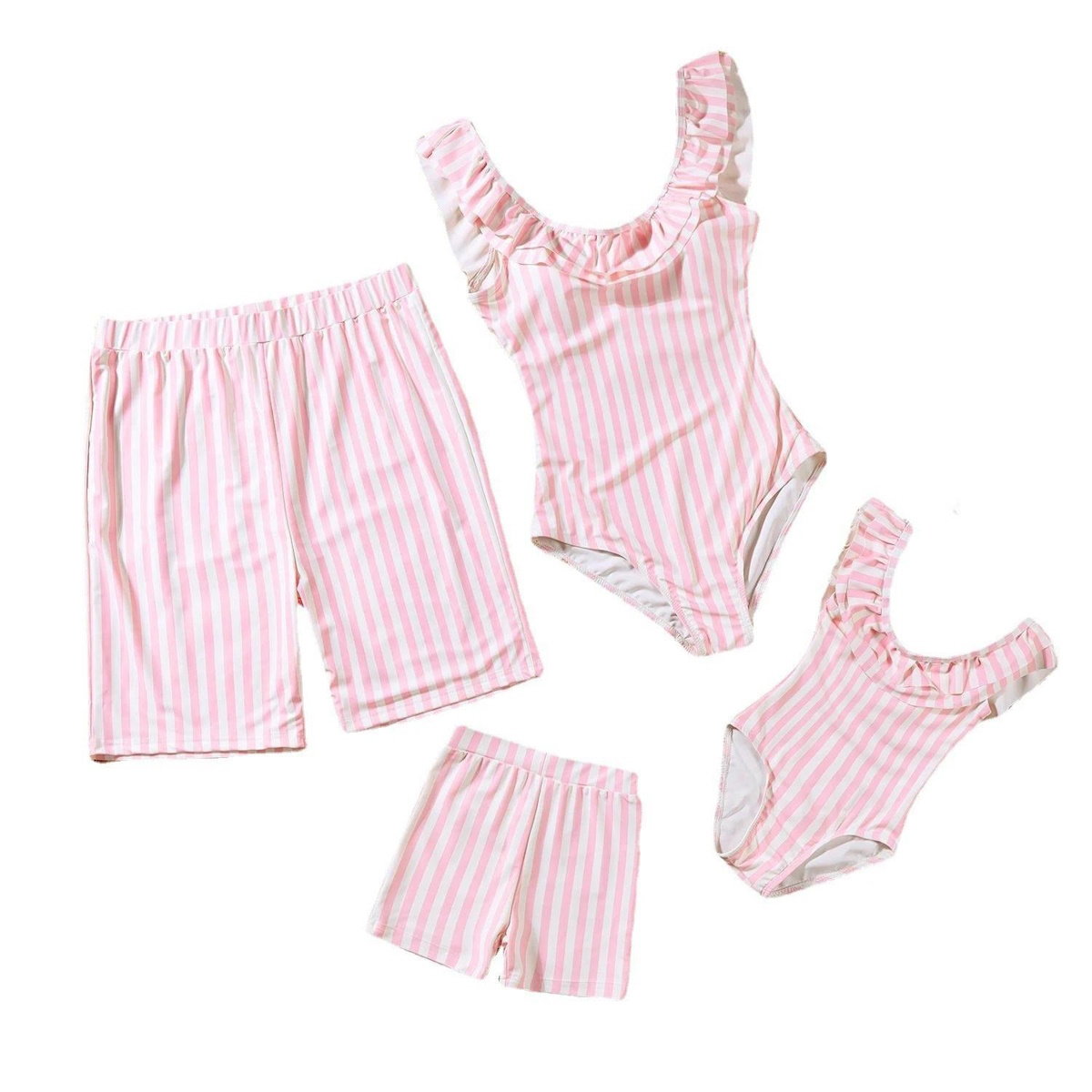 Pink striped swimsuit set with matching shorts on a white background