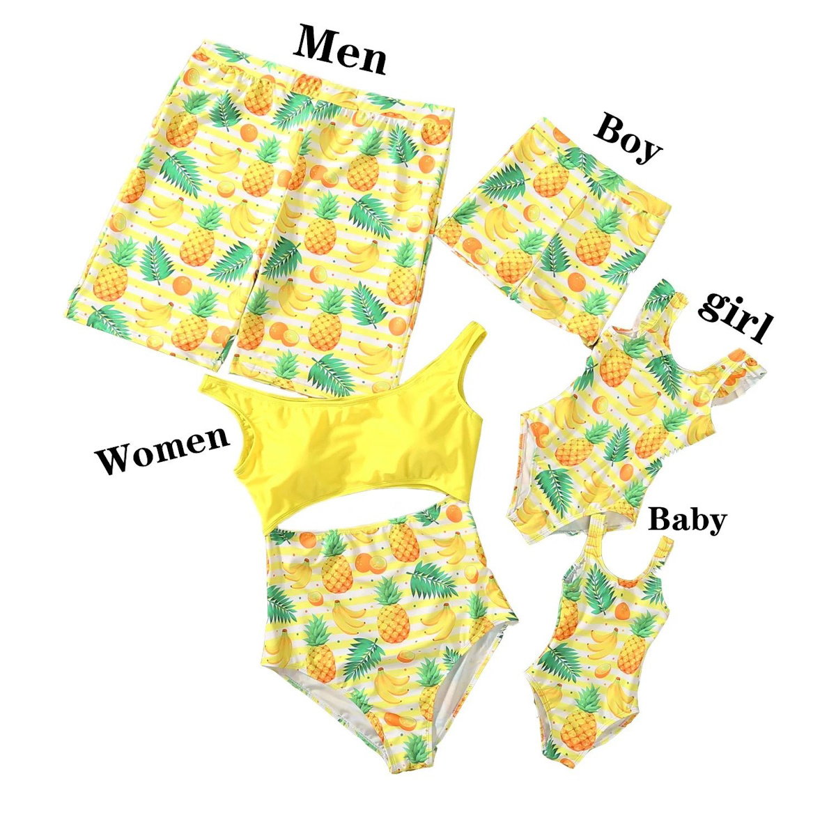 Set of yellow swimsuits with pineapple pattern labeled for men, boy, girl, and baby on a white background.