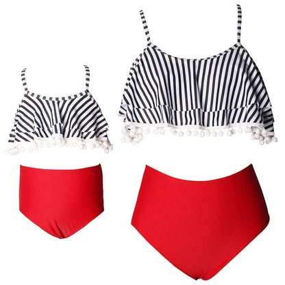 Black and white striped bikini top with red high-waisted bottoms - ChildAngle