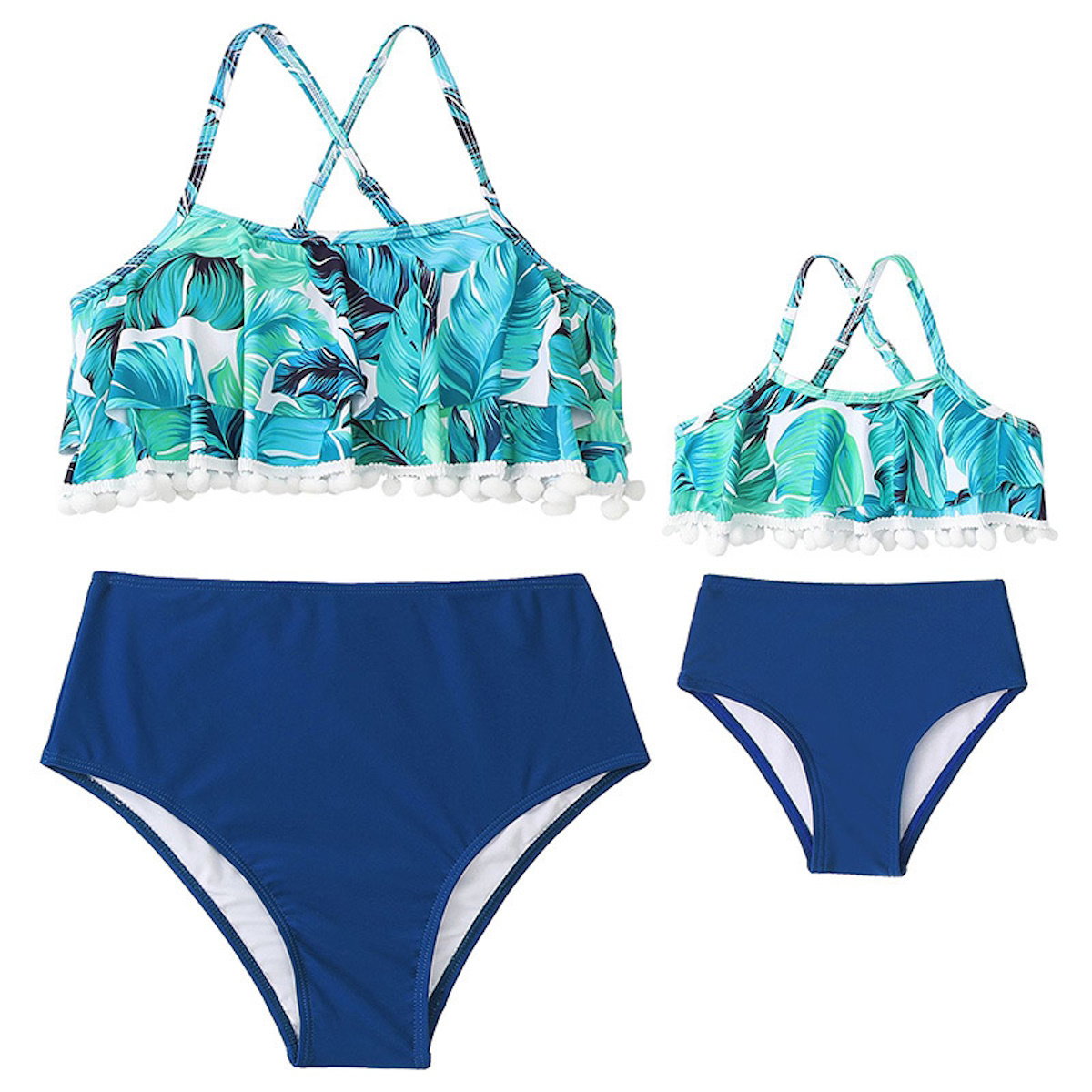 Two-piece swimsuit with tropical leaf pattern top and blue high-waisted bottoms - ChildAngle