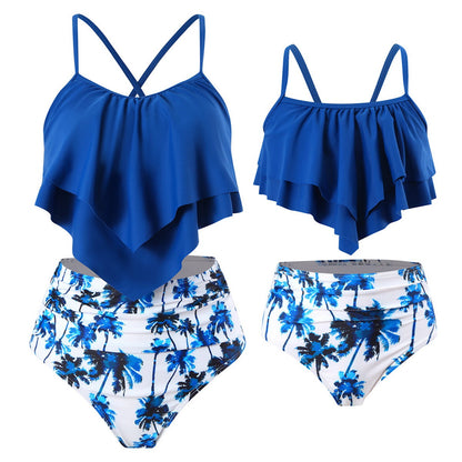 Blue bikini set with floral palm tree design Mommy and Me Bikini Set - ChildAngle