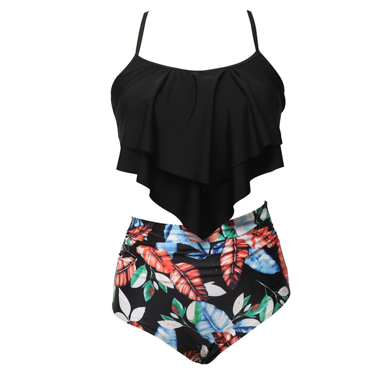 Black tank top and floral high-waisted swim trunks - ChildAngle