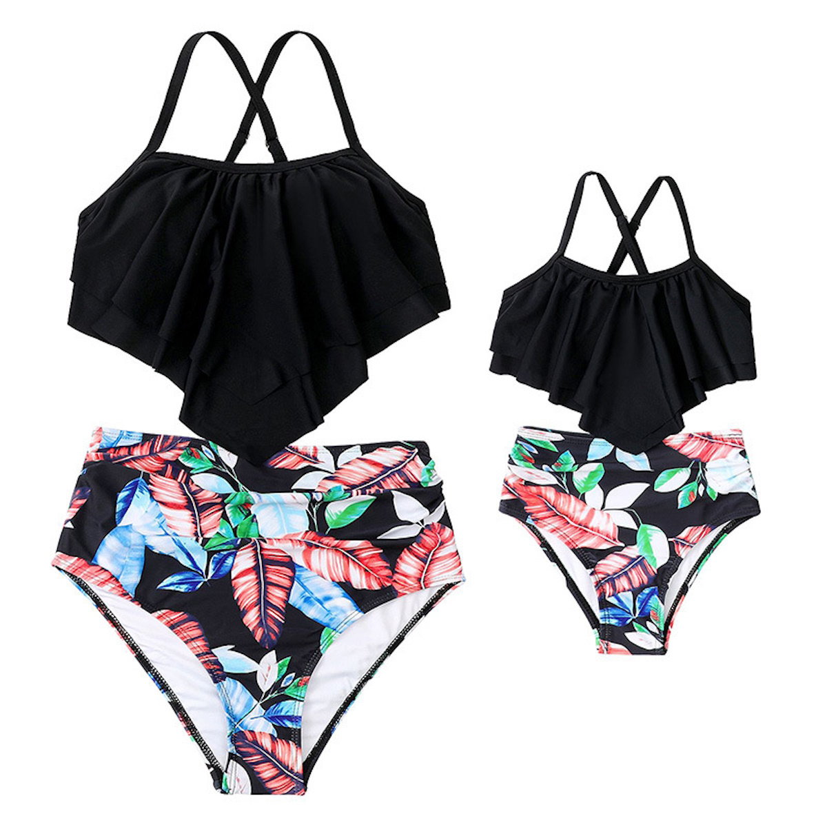 Black tankini top and floral high-waisted bottoms Bikini Set for Mommy and Me - ChildAngle