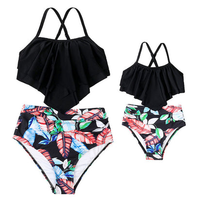 Black tankini top and floral high-waisted bottoms Bikini Set for Mommy and Me - ChildAngle