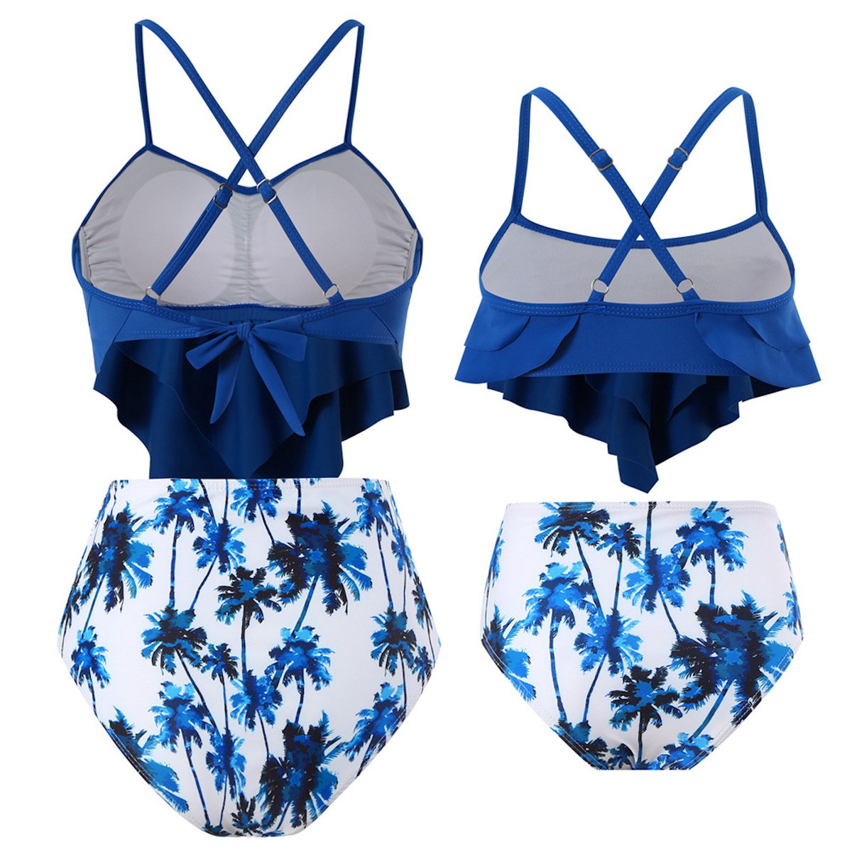 Blue and white swimsuit with floral design Palm Tree Cross Back Back Tie Bikini Set - ChildAngle