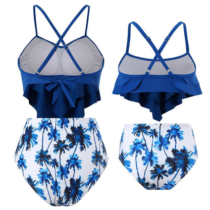 Blue and white swimsuit with floral design Palm Tree Cross Back Back Tie Bikini Set - ChildAngle