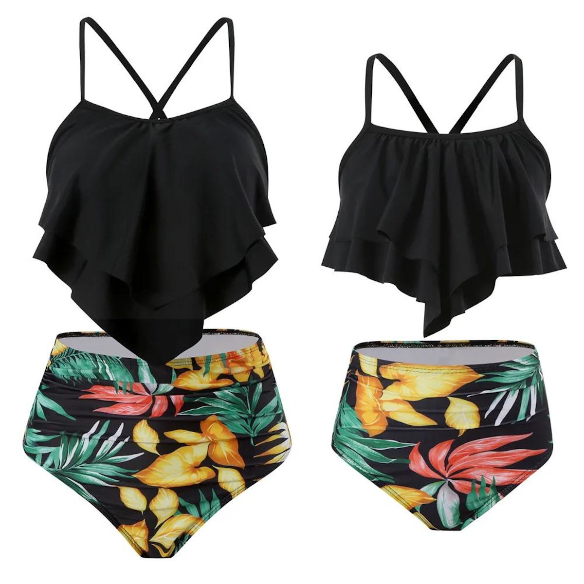 Black tank top and floral high-waisted bikini set - ChildAngle
