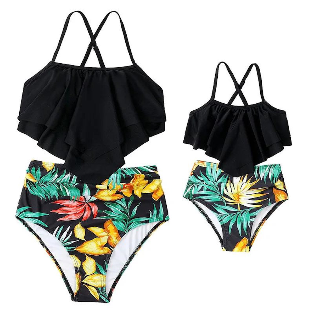 Black tankini top and floral high-waisted bottoms Green Tropical Bikini Set - ChildAngle