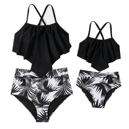 Black tankini top and leaf-patterned high-waisted bottoms - ChildAngle