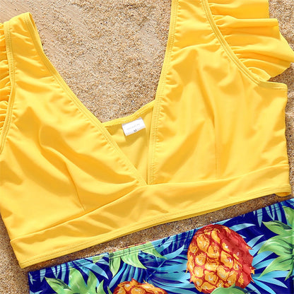 Trajes de baño familiares a juego, conjunto de bikini con volantes de frutas tropicales y bañador