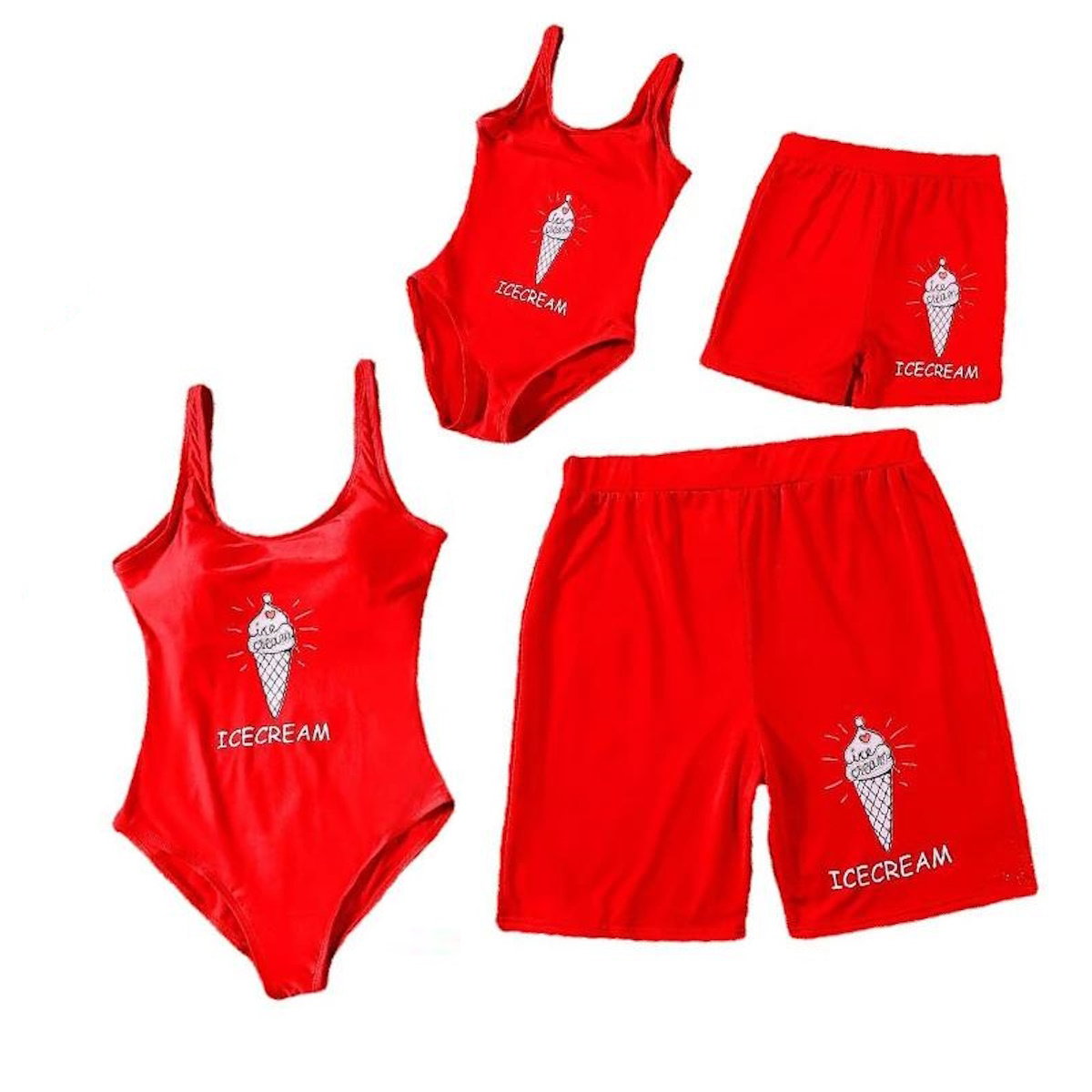 Red swimsuit set with ice cream cone design on a white background