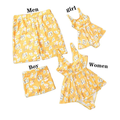 Yellow floral swimsuits for men, girl, boy, and women on a white background.