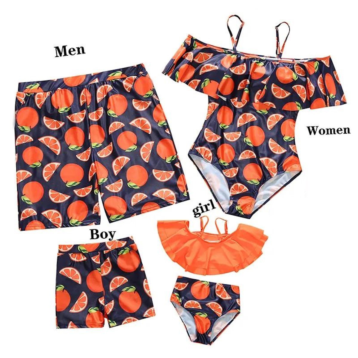 Four pieces of swimwear with orange fruit pattern for men, women, and two children on a white background.