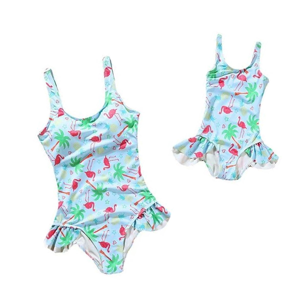 Two children's swimsuits with flamingo and palm tree pattern on a white background