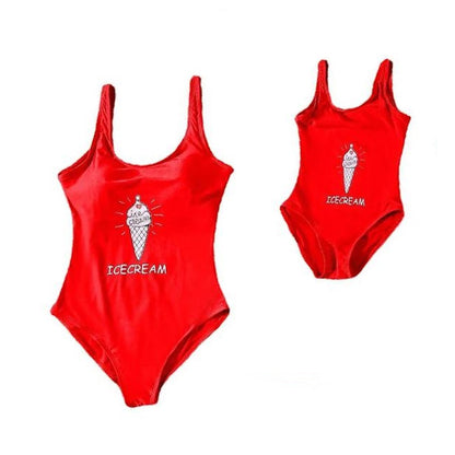 Two red swimsuits with 'ICECREAM' text and ice cream cone design on a white background.