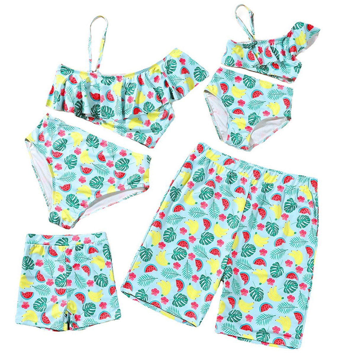 Children's swimwear set with fruit and leaf pattern on a white background