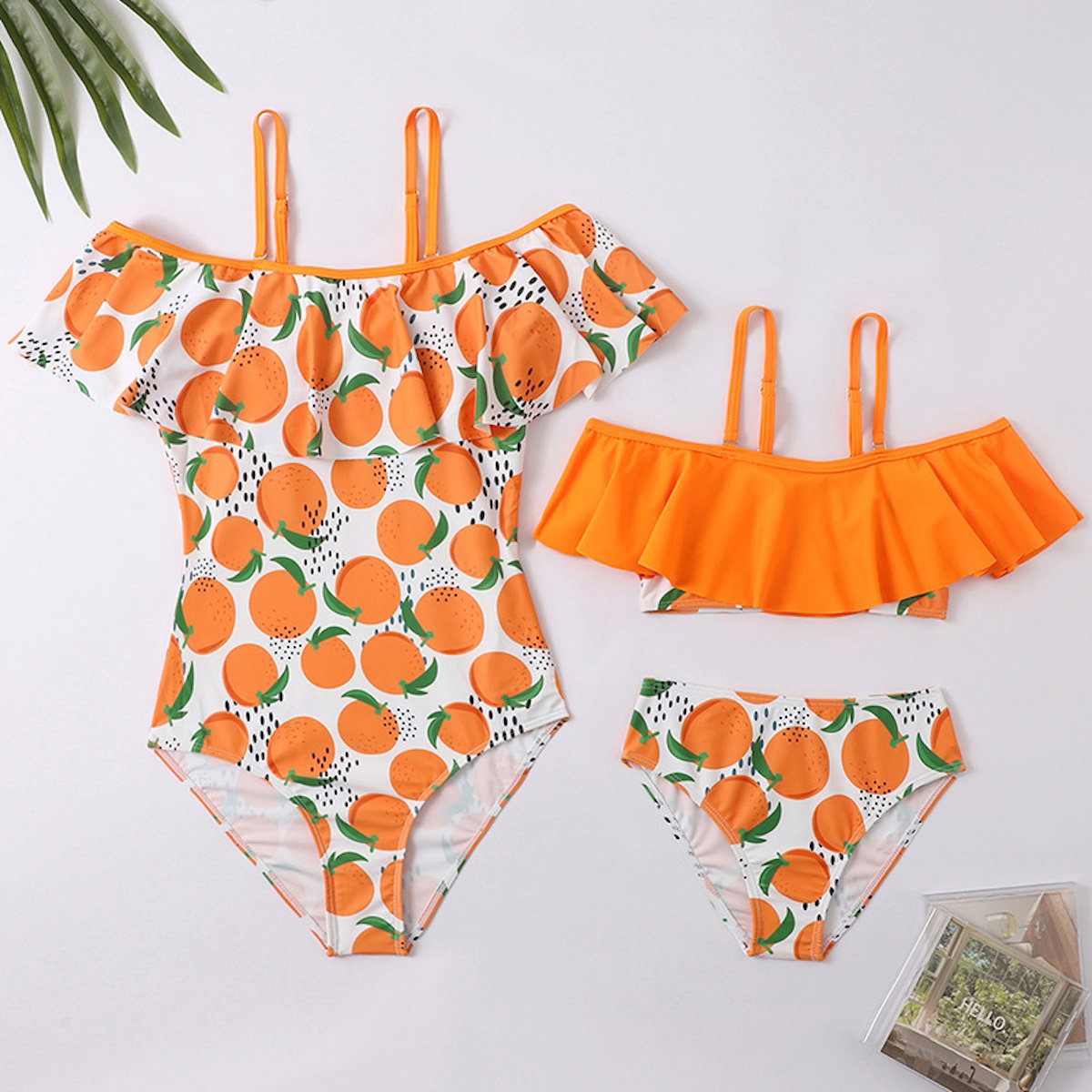 Bikini set with orange fruit pattern and Mommy One Piece Swimwear - ChildAngle
