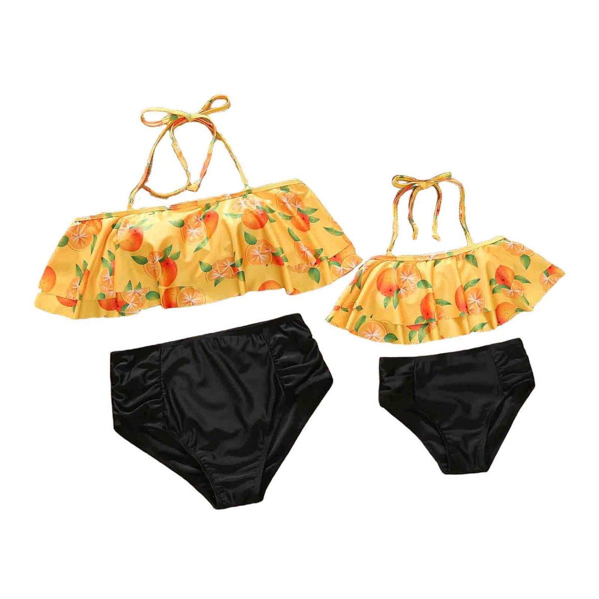 Two-piece swimsuit with orange floral top and black bottoms - ChildAngle