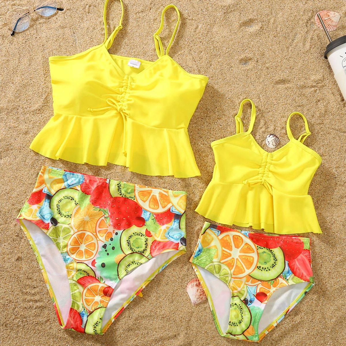 Yellow swimsuit set with fruit patterned bikini set - ChildAngle