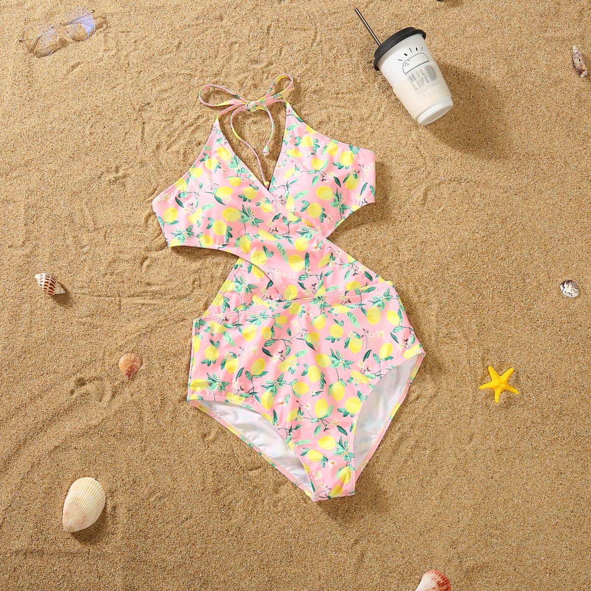 Pink floral swimsuit Lemon Front Cross Swimwear - ChildAngle