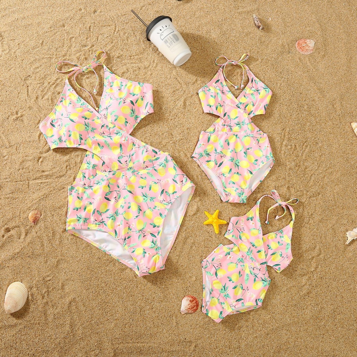 Three pieces of pink swimsuits with floral patterns  - ChildAngle Mommy and Me Matching Swimsuits