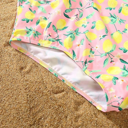 Pink swimsuit with lemon and flower pattern - ChildAngle