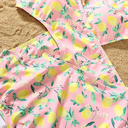 Pink swimsuit with lemon and leaf pattern - ChildAngle