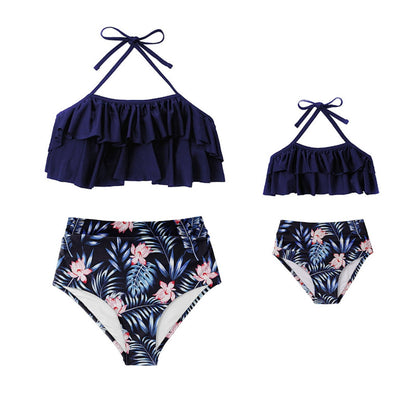 Matching Family Swimsuits Tropical Floral Palm Leaves High Waisted Halter Neck Two Piece Swimwear Set - ChildAngle