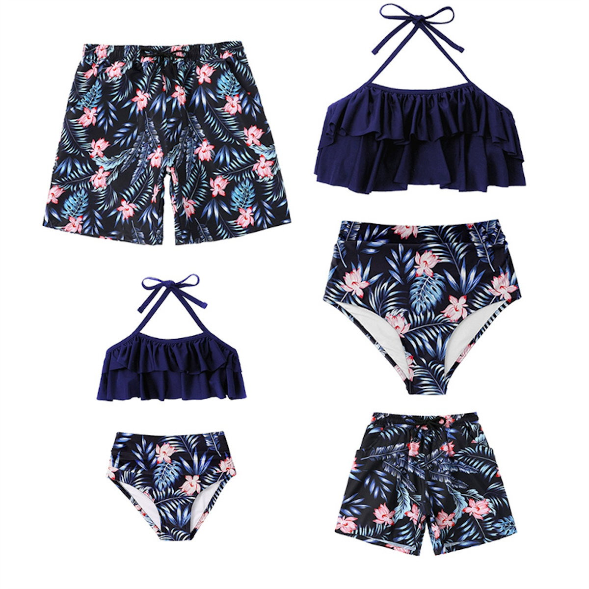 Matching Family Swimsuits Tropical Floral Palm Leaves High Waisted Halter Neck Two Piece Swimwear Set - ChildAngle