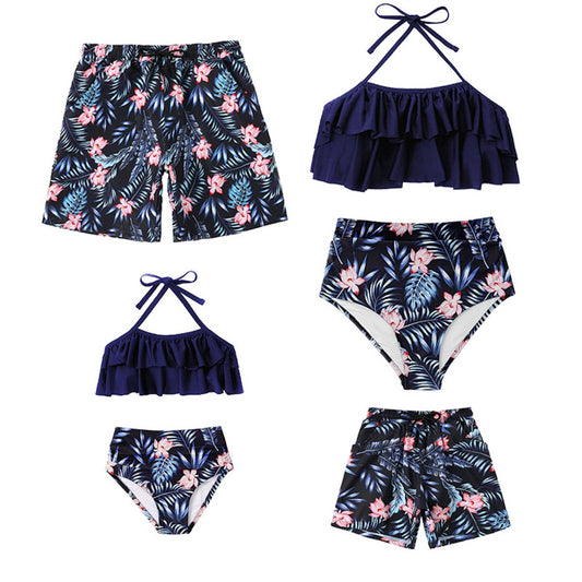 Matching Family Swimsuits Tropical Floral Palm Leaves High Waisted Halter Neck Two Piece Swimwear Set - ChildAngle