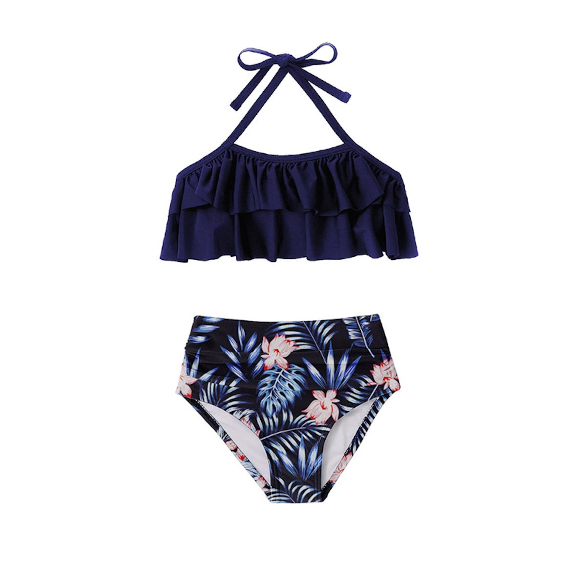 Matching Family Swimsuits Tropical Floral Palm Leaves High Waisted Halter Neck Two Piece Swimwear Set - ChildAngle