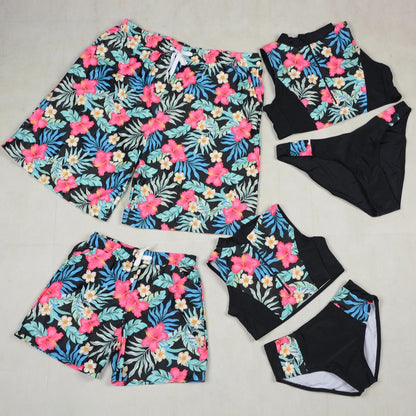 Floral swimwear set with black background