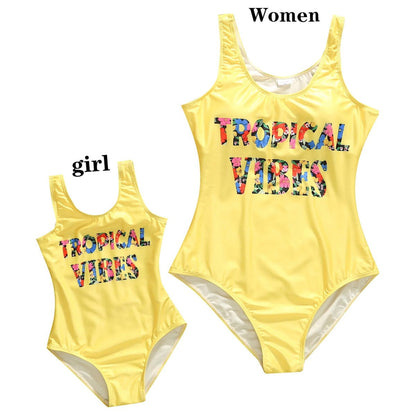 Mother Daughter Matching Swimsuits Yellow Tropical Pineapple Tree One Piece Swimwear - ChildAngle