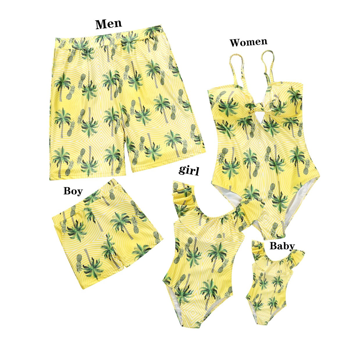 Yellow swimwear set with green palm tree pattern for men, women, girl, and baby on a white background.